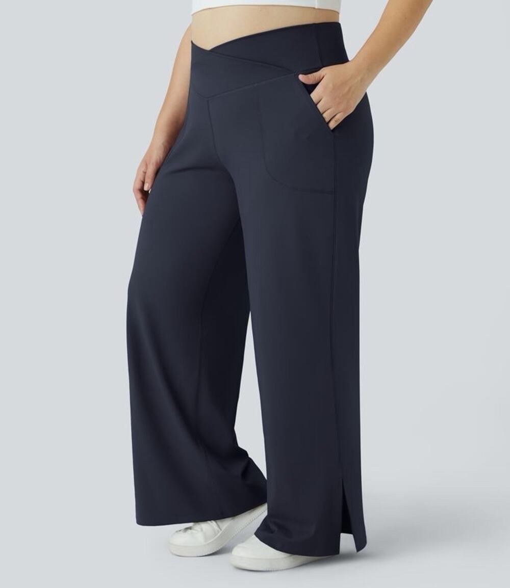 DayStretch Crossover Pocket Hem Plus Size Wide Leg Yoga Pants-Smile 1X